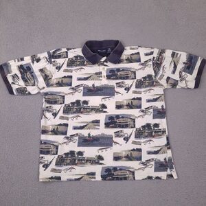 Puritan Fishing Print Polo Shirt Men's Large Cotton‎ Waffle Knit Outdoor